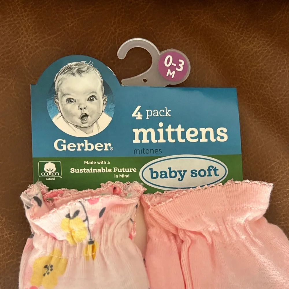 0-3M Gerber Baby Soft Floral and Pink Mittens - 4 Pack